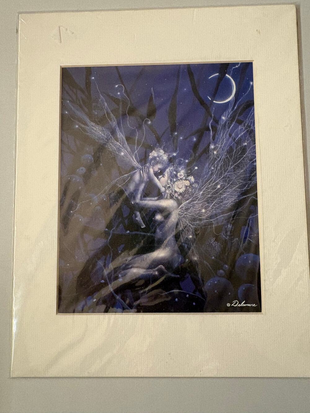 Delamare Fairy Mother Child Matted Art Print Night Crescent Moon Fairycore 11x14